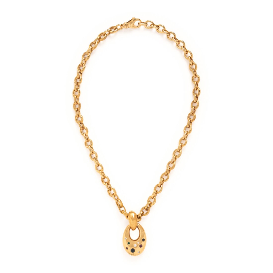 Multigem and Yellow Gold Pendant Necklace: Multigem and Yellow Gold Pendant Necklace Round diamonds, sapphire, rubies, and emerald. 18 karat yellow gold. 16 1/8 inches long. Chain stamp: 750 (Italian maker's mark). Pendant stamp: CB 750 010.