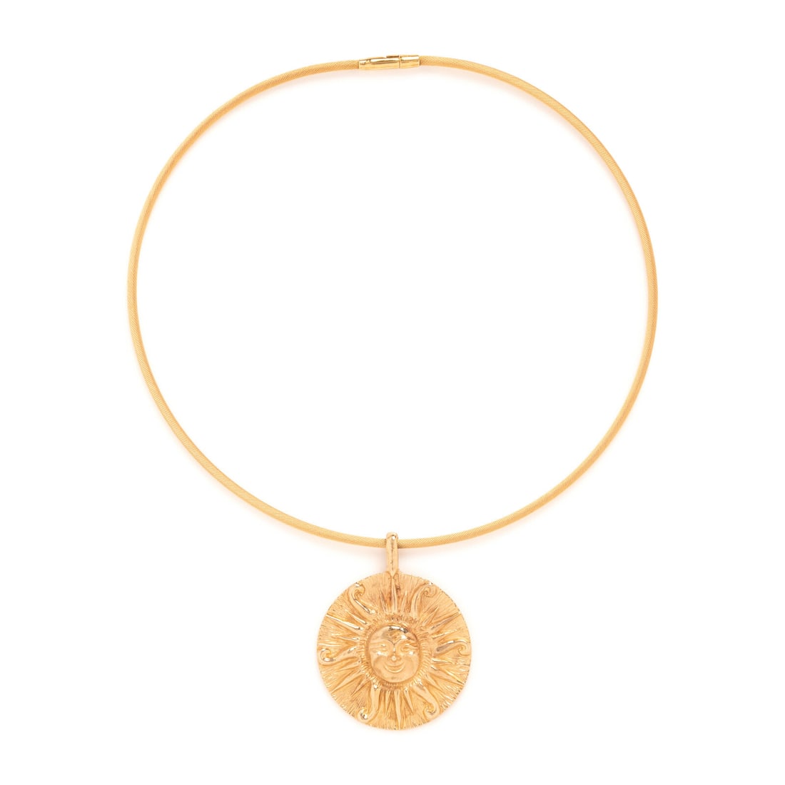 Yellow Gold Sun Pendant Necklace: Yellow Gold Sun Pendant Necklace Including a pendant in a solar design, on a tubular woven chain. 14 and 18 karat yellow gold. Pendant: 2 inches long. Chain: 16 1/8 inches long. Pendant stamp: 14K. Ch