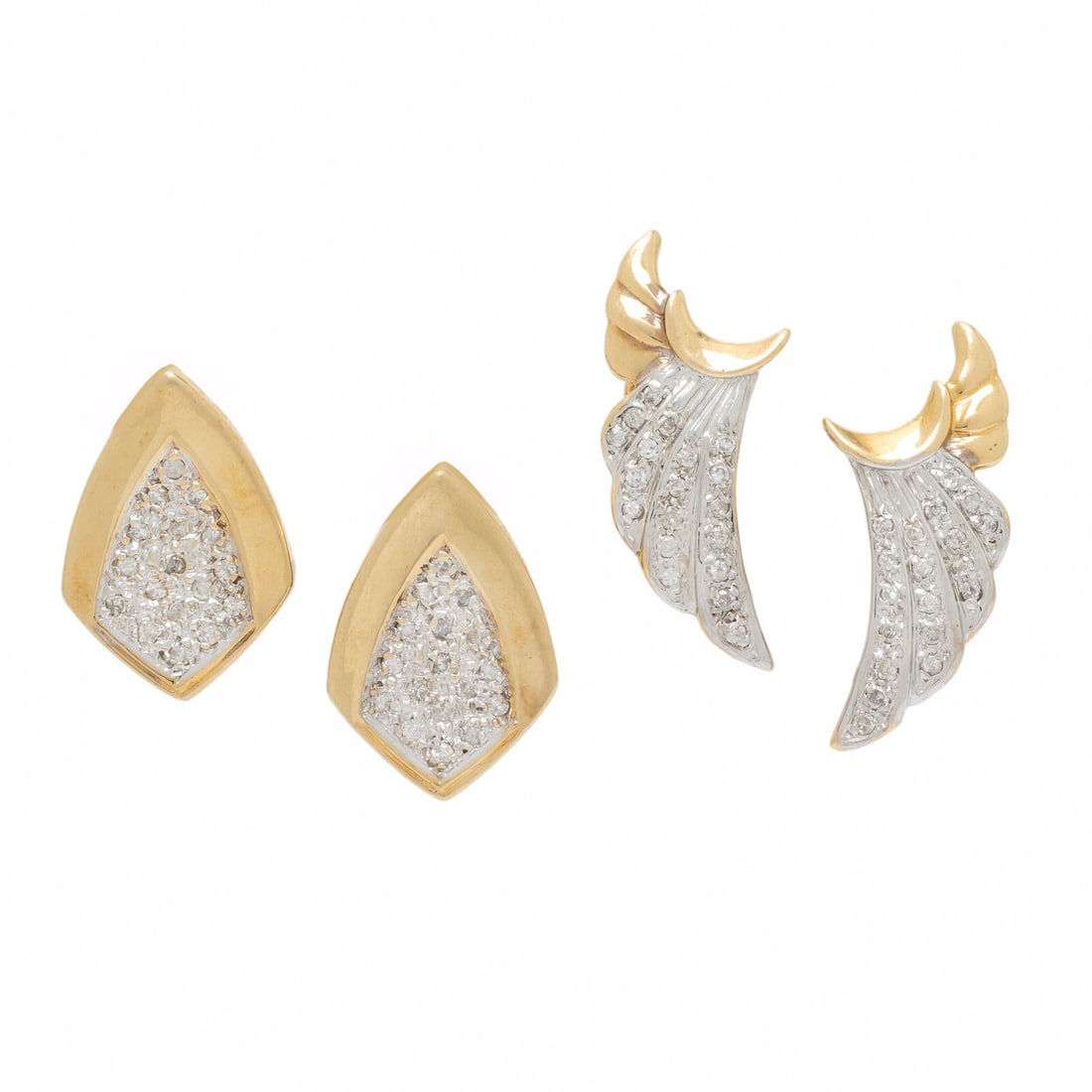 Two Pairs of Bicolor Gold and Diamond Earrings: Two Pairs of Bicolor Gold and Diamond Earrings Each pair of earrings set with round brilliant cut diamonds weighing approximately 0.35 carat total. 14 karat yellow and white gold. 7/8 inch long, and 1