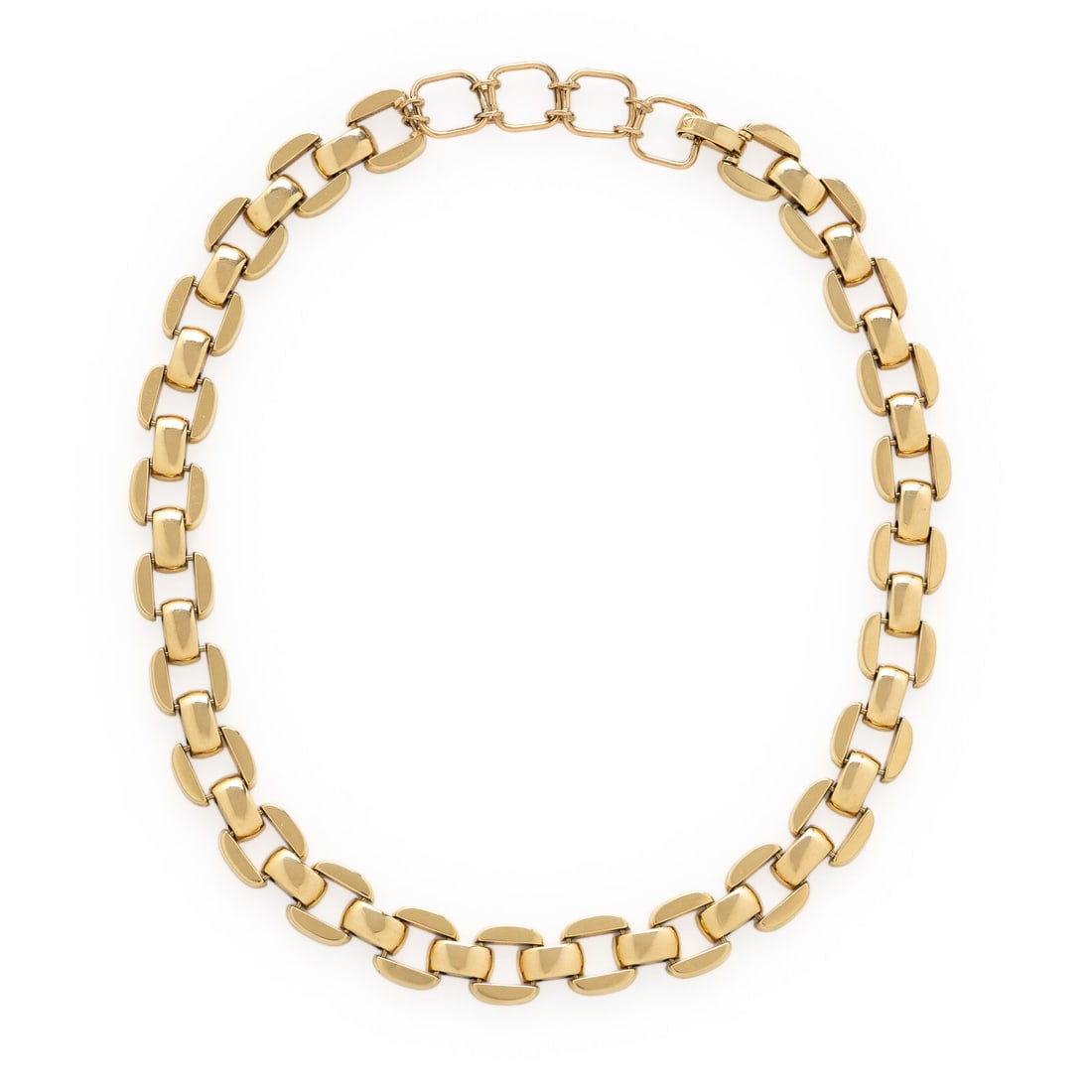Yellow Gold Fancy Link Necklace: Yellow Gold Fancy Link Necklace 14 karat yellow gold. 15 1/2 - 17 1/2 inches long. Stamp: 14K. Gross weight: 20.30 dwt. This lot is located in Chicago.