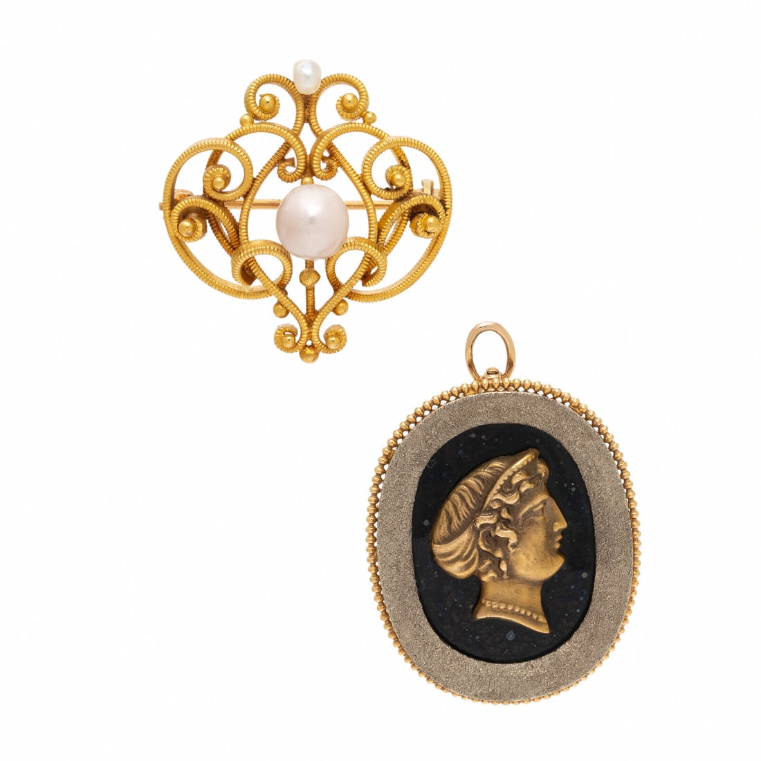 Two Yellow Gold Brooches: Two Yellow Gold Brooches One brooch set with a cultured pearl and a seed pearl, and the other black enamel. 14 karat yellow gold. 7/8 x 7/8 inch, and 1 1/8 x 7/8 inches. Stamp: 14K (maker's mark). Sta