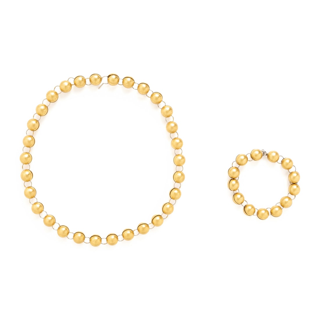 Yellow Gold and Platinum Bead Convertible Necklace and Bracelet: Yellow Gold and Platinum Bead Convertible Necklace and Bracelet Including a necklace and a bracelet, which can be clasped together and worn as a longer necklace. High-karat yellow gold and platinum. N