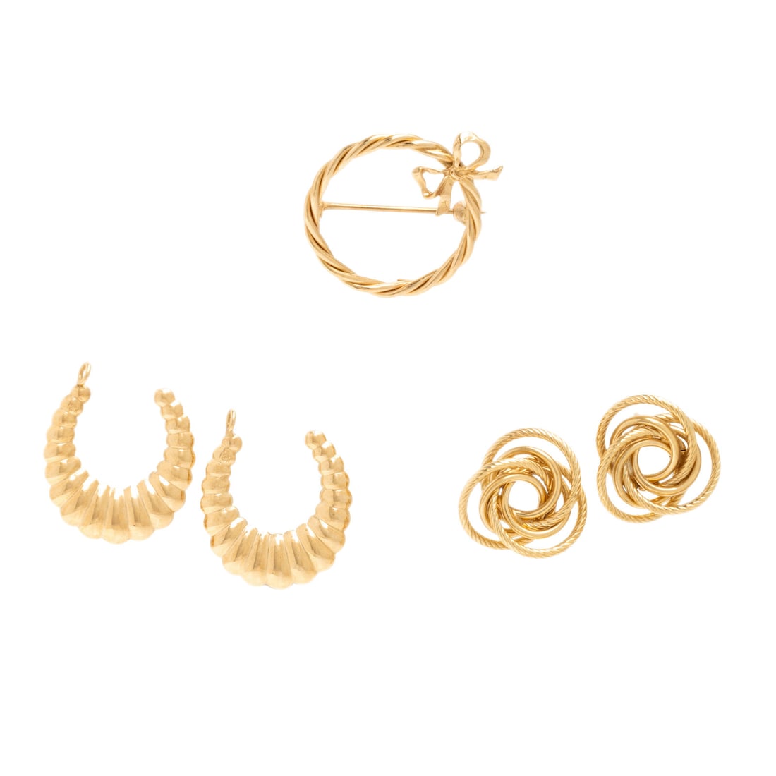 Collection of Yellow Gold Jewelry: Collection of Yellow Gold Jewelry Including a pair of earrings, a brooch, and a pair of earring drops. 14 karat yellow gold. Earrings: 5/8 inch long. Brooch: 1 inch wide. Earring drops: 7/8 inch