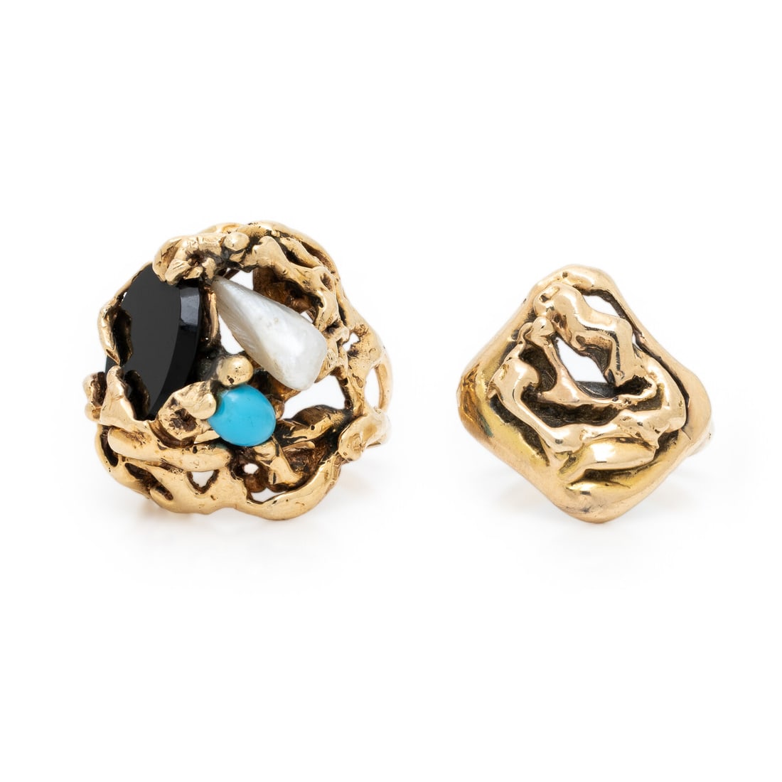 Two Yellow Gold Rings: Two Yellow Gold Rings One ring set with a baroque cultured pearl, oval cabochon turquoise, and oval carved onyx, and one ring with a freeform gold texture. 14 karat yellow gold. Ring sizes 9 1/4 and 7