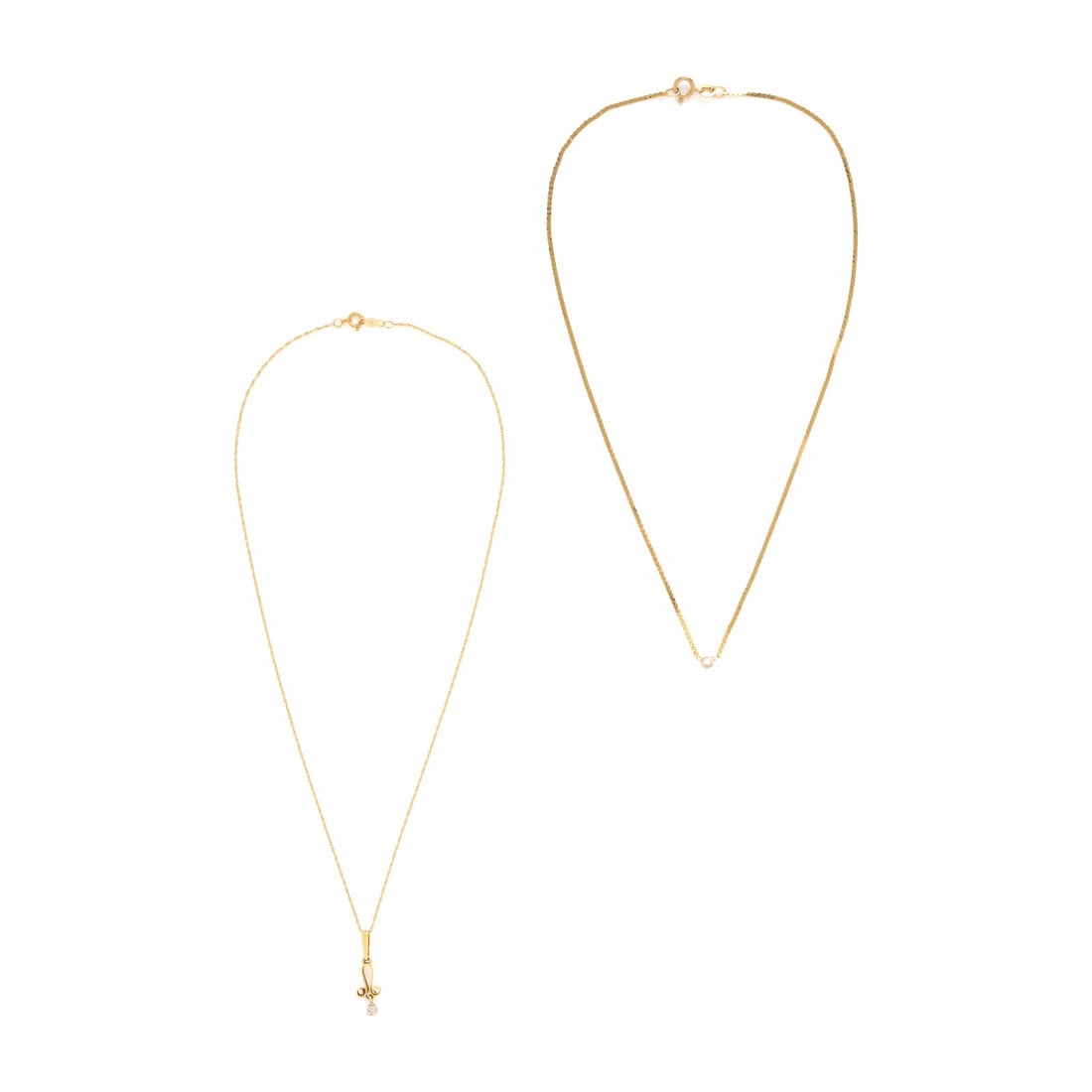 Two Yellow Gold and Diamond Necklaces: Two Yellow Gold and Diamond Necklaces One set with a single cut diamond and one with a round brilliant cut diamond. 14 karat yellow gold. 15 1/8 inches long, and 15 inches long. Stamp: (maker's mark) 
