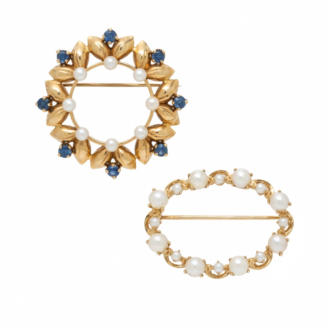 Two Yellow Gold and Cultured Pearl Brooches: Two Yellow Gold and Cultured Pearl Brooches One brooch set with seed pearls and round sapphires, and one set with cultured pearls and seed pearls. 14 karat yellow gold. 1 1/2 x 1 1/2 inches, and 1 1/2