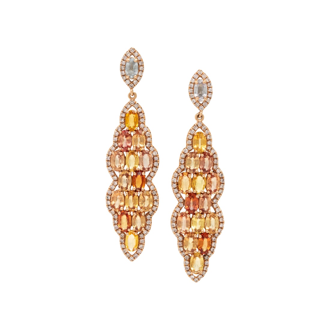 Multicolored Sapphire, Diamond, and Rose Gold Earrings: Multicolored Sapphire, Diamond, and Rose Gold Earrings Oval orange, yellow, and blue sapphires, and round brilliant cut diamonds weighing approximately 0.45 carat total. 14 karat rose gold. 2 inches l