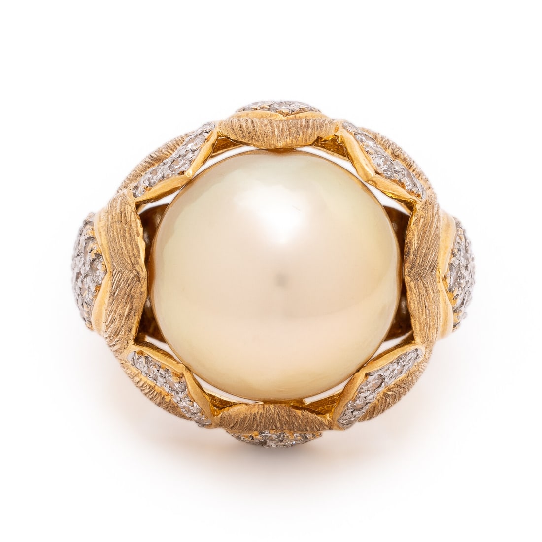 Golden Cultured Pearl, Diamond, and Yellow Gold Ring: Golden Cultured Pearl, Diamond, and Yellow Gold Ring Golden cultured pearl (origin of color not tested) measuring approximately 14.50 mm, and round brilliant cut diamonds weighing approximately 0.90 c