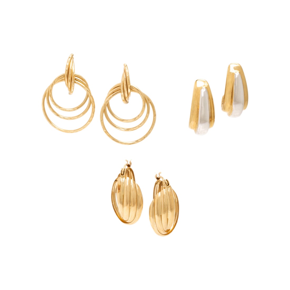 Three Pairs of Yellow Gold Earrings: Three Pairs of Yellow Gold Earrings 14 karat yellow gold. 1 1/8 inches long, 5/8 inch long, and 13/16 inch long. Stamp: 14KT CJI. Stamp: DOBBS 14K. Stamp: CJI 14K. Gross weight: 4.10 dwt. From a Priva