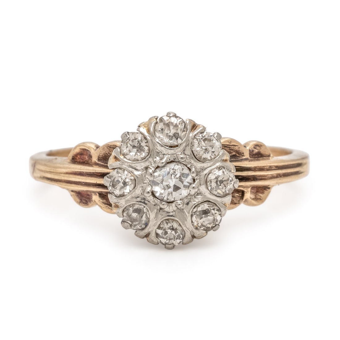 Diamond and Yellow Gold Cluster Ring: Diamond and Yellow Gold Cluster Ring Old European cut diamonds weighing approximately 0.35 carat total. Yellow gold and platinum. Ring size 7 1/4. Gross weight: 1.80 dwt, From the collection of K. Pri