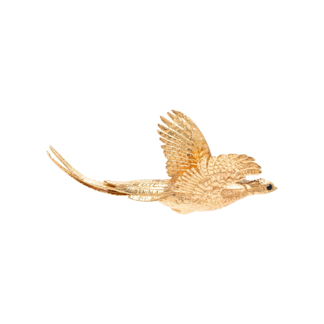 Yellow Gold Pheasant Brooch: Yellow Gold Pheasant Brooch Round sapphire as the eye. 14 karat yellow gold. 2 7/8 x 1 1/2 inches. Stamp: 14K. Gross weight: 11.60 dwt. Property of a Lady, Boulder, Colorado This lot is located in Chi