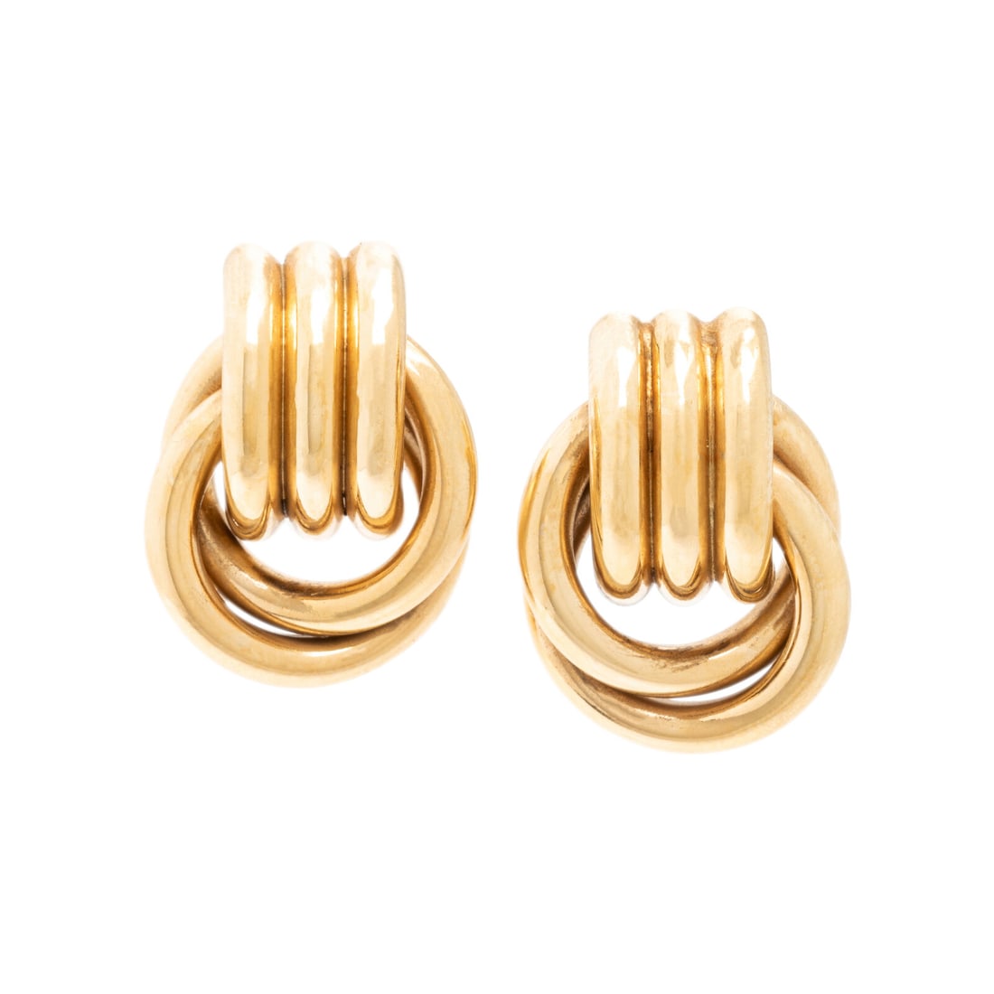 Yellow Gold Knot Earrings: Yellow Gold Knot Earrings 14 karat yellow gold. 5/8 inch long. Stamp: 14K. Gross weight: 3.30 dwt. From a Private Collection This lot is located in Chicago.