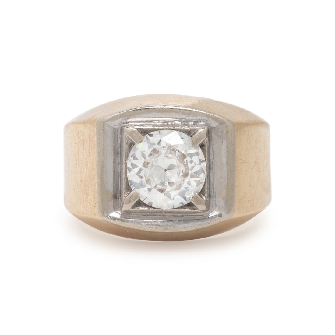 Bicolor Gold and Diamond Ring: Bicolor Gold and Diamond Ring Transitional cut diamond weighing approximately 1.45 carats. Yellow and white gold. Ring size 5. Gross weight: 6.30 dwt. This lot is located in Chicago.