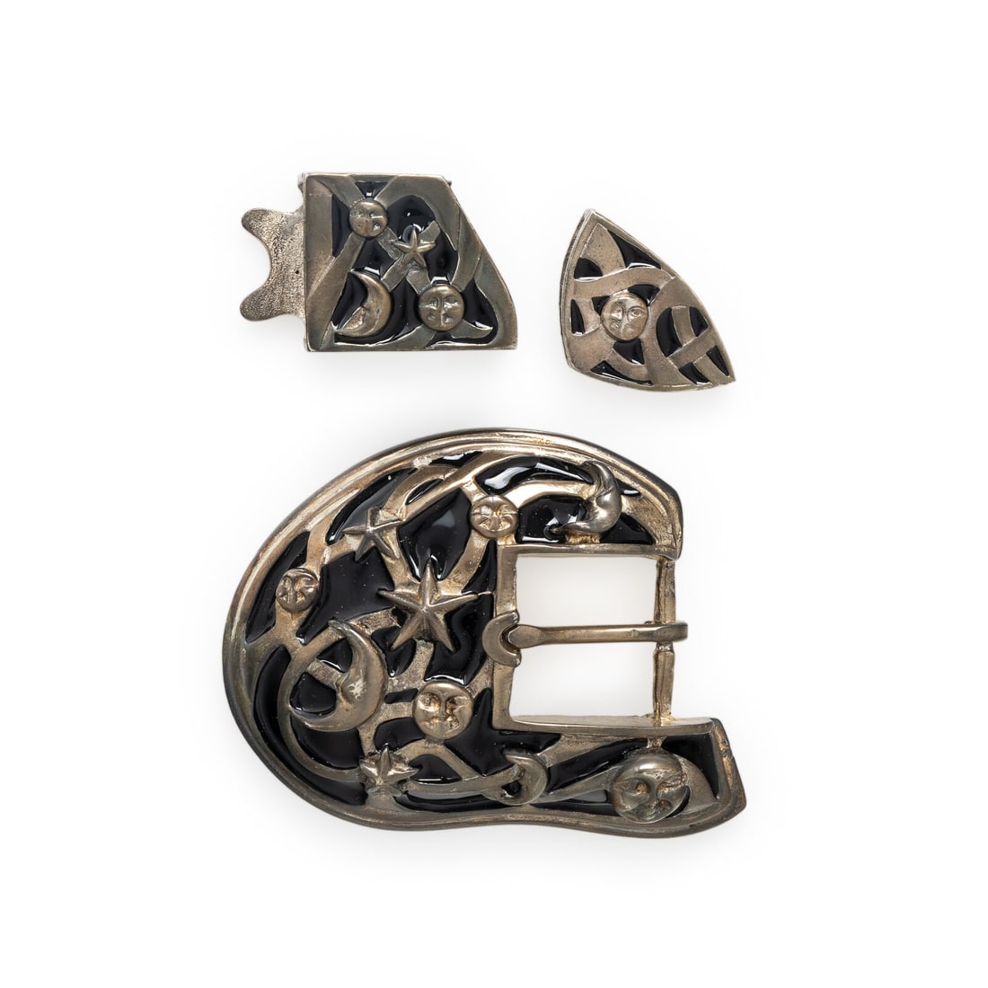 Kieselstein Cord, Sterling Silver and Enamel 'Moon and Stars' Belt Buckle, Keeper, and End Piece: Kieselstein Cord, Sterling Silver and Enamel 'Moon and Stars' Belt Buckle, Keeper, and End Piece Including a belt buckle, keeper, and end piece, set with black enamel. Sterling silver. Belt buckle: 3 