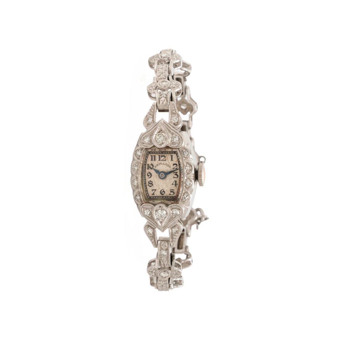 Hamilton, Art Deco, Platinum and Diamond Watch: Hamilton, Art Deco, Platinum and Diamond Watch Maker: Hamilton Year: Circa 1920s-30s Case size: Approx. 13 x 18 mm Case material: Platinum Bezel: Single and transitional cut diamonds Dial: White Movem