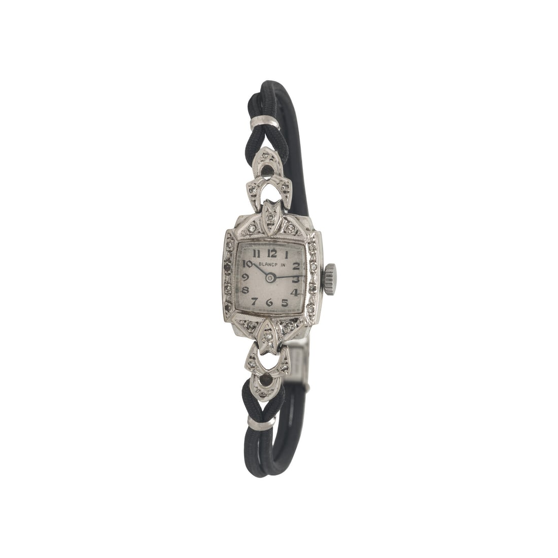 Blancpain, White Gold and Diamond Watch: Blancpain, White Gold and Diamond Watch Maker: Blancpain Year: Circa 1930s Case size: Approx. 13 mm Case material: White gold Bezel: Diamond Dial: White Movement: Manual wind Bracelet/Strap: Black cor