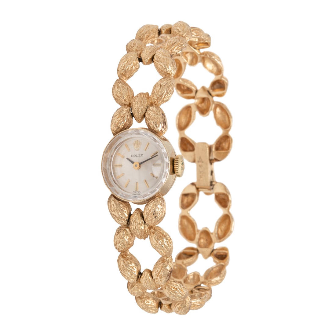 Rolex, 14K Yellow Gold Watch: Rolex, 14K Yellow Gold Watch Maker: Rolex Year: Circa 1950s Case size: Approx. 15 mm Case material: 14K yellow gold Dial: Silvered Movement: Manual wind Bracelet/Strap: 14K yellow gold Stamps: Case: 1