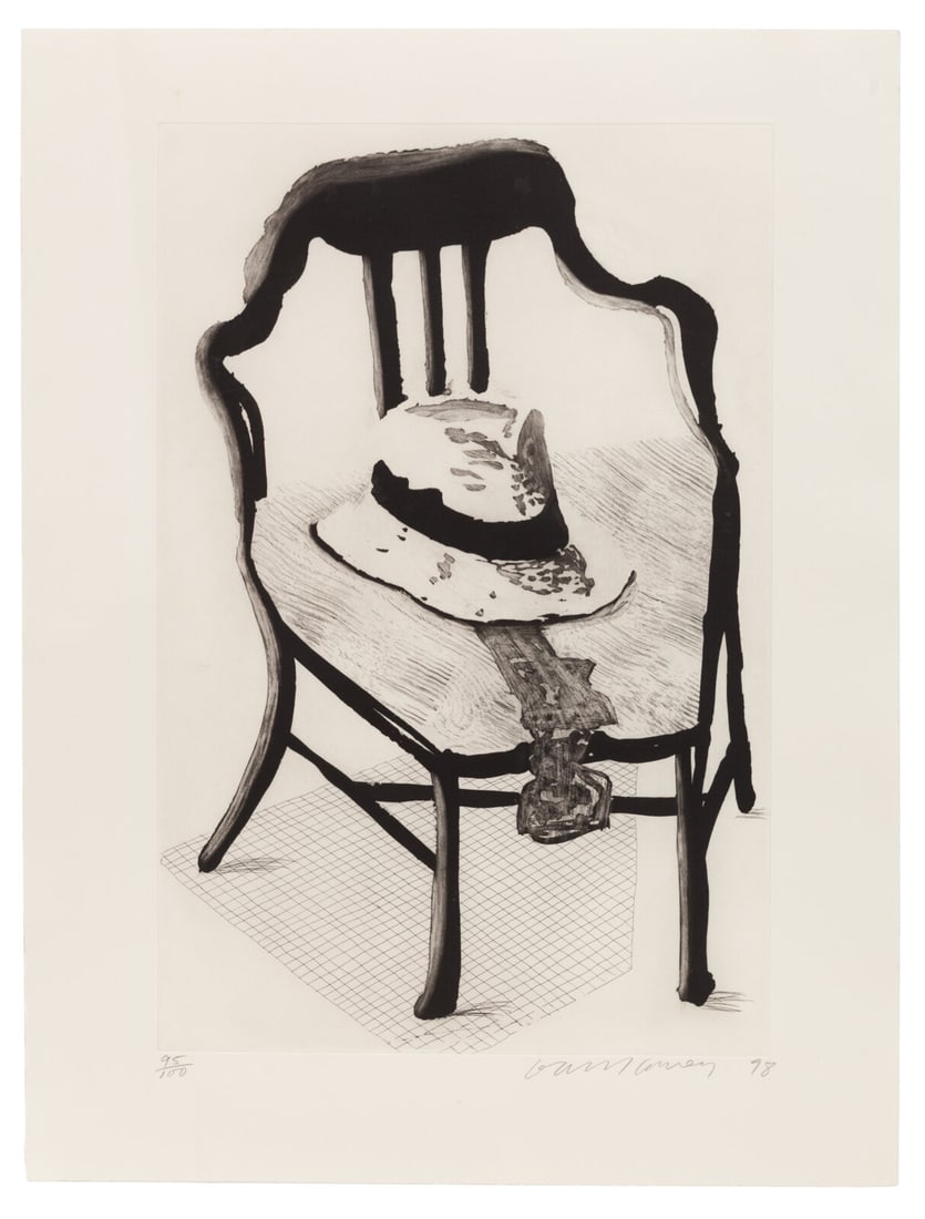 David Hockney (British, 1937–2026) Panama Hat with a Bow Tie on a Chair (from The Geldzahler: David Hockney (British, 1937–2026) Panama Hat with a Bow Tie on a Chair (from The Geldzahler Portfolio), 1998 etching with aquatint and drypoint signed and numbered 85/100 in pencil sheet: 29 1/