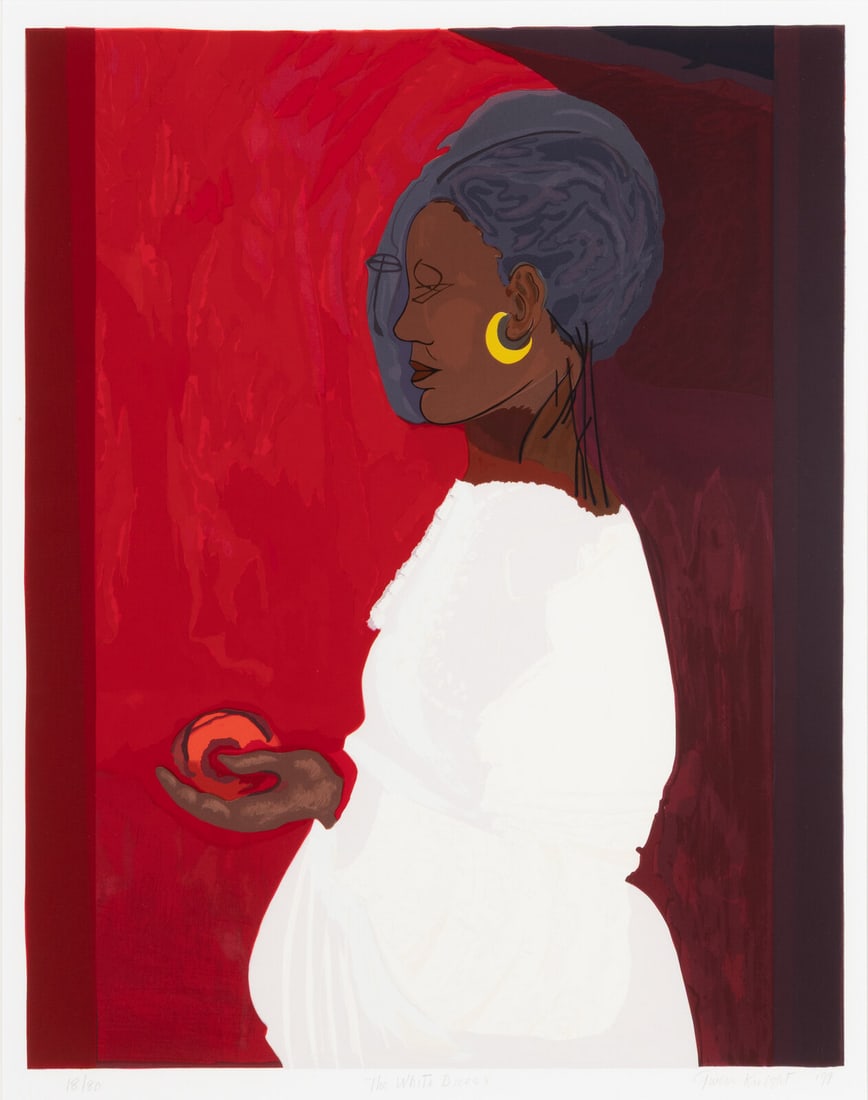Gwendolyn Knight (American, 1913-2005) The White Dress, 1999: Gwendolyn Knight (American, 1913-2005) The White Dress, 1999 screenprint in colors signed, titled, dated, and numbered 18/80 in pencil 22 1/4 x 17 1/2 in. Property from the Collection of Audrey Camill