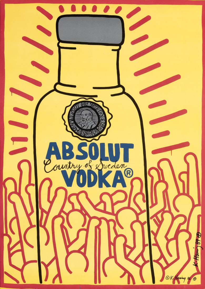 Keith Haring (American, 1958-1990) Absolut Vodka, 1986-1989: Keith Haring (American, 1958-1990) Absolut Vodka, 1986-1989 offset lithograph in colors with printed signature and date twice sight: 41 1/4 x 29 1/2 in. Property of a Private Collector, sold to Benefi