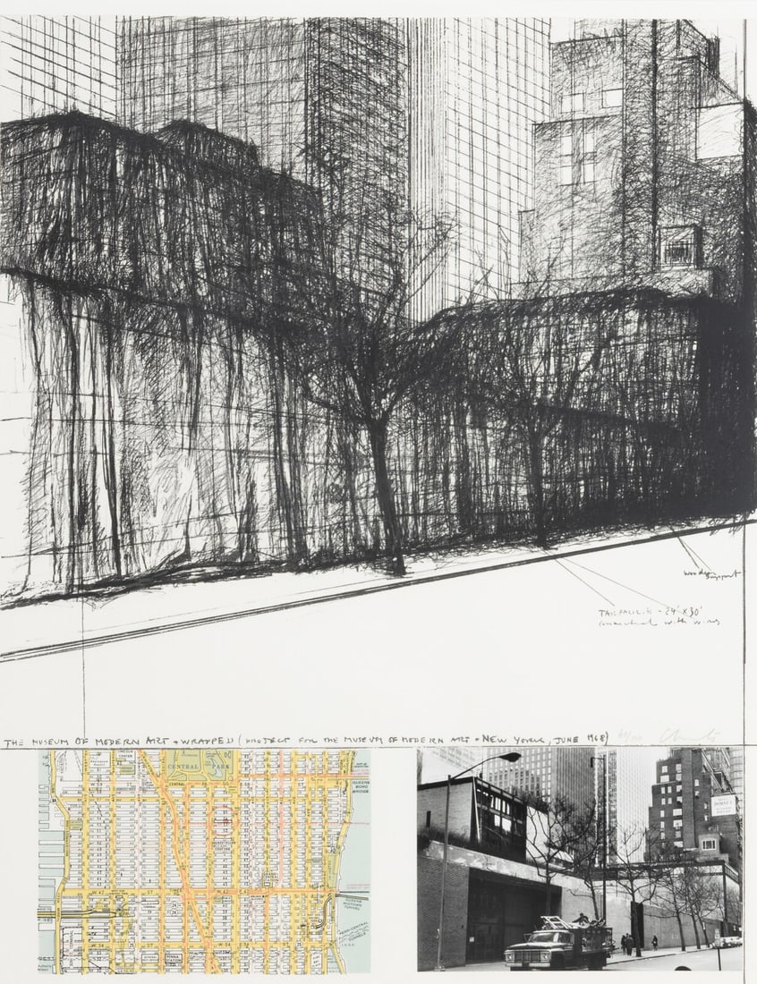 Christo (Bulgarian, 1935-2020) The Museum of Modern Art Wrapped (from (Some) Not Realized Projects),: Christo (Bulgarian, 1935-2020) The Museum of Modern Art Wrapped (from (Some) Not Realized Projects), 1971 lithograph with collage of photograph and map on ivory wove paper signed and numbered 60/100 i