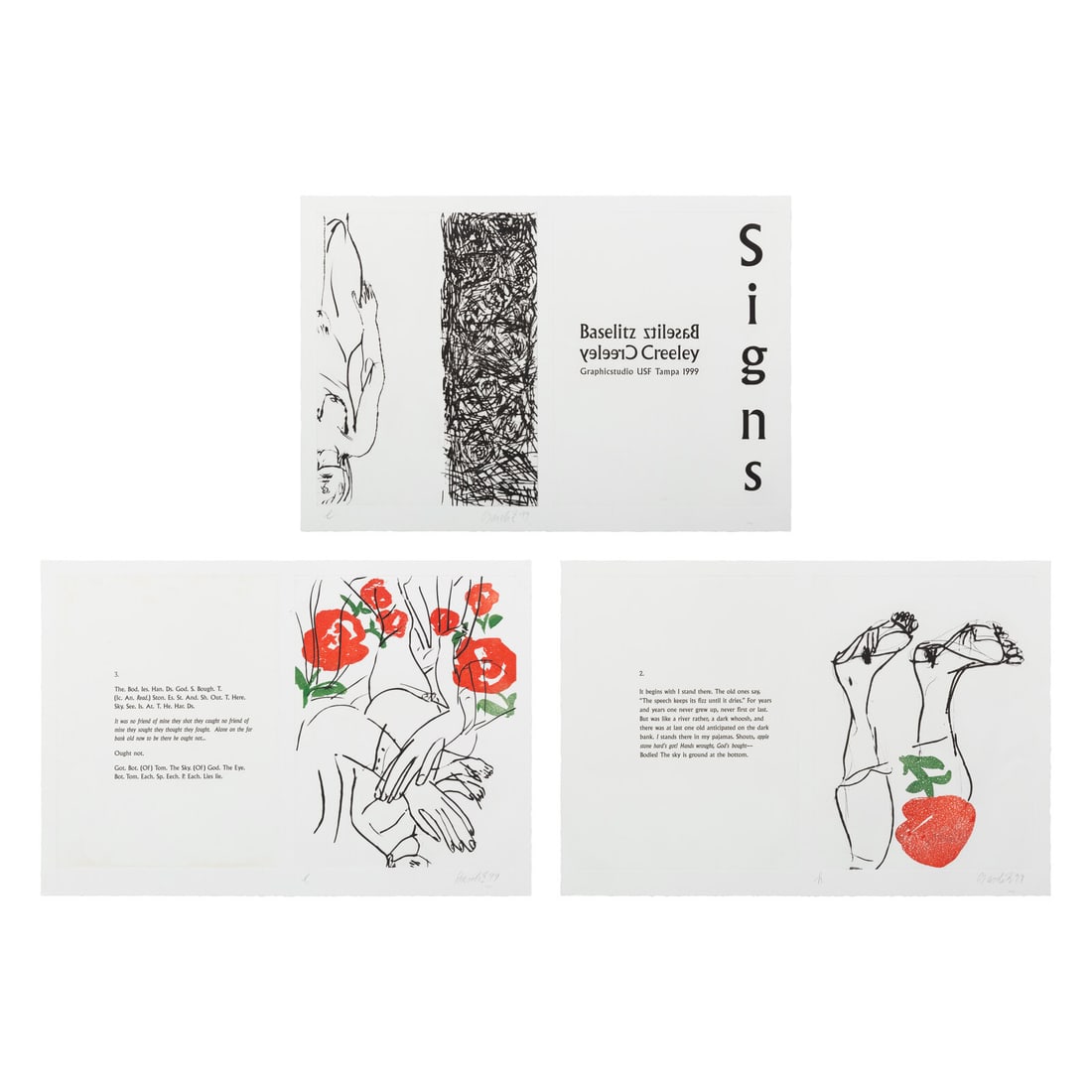 Georg Baselitz (German, b. 1938) Signs: three plates, 1999: Georg Baselitz (German, b. 1938) Signs: three plates, 1999 etchings with aquatint with text by Robert Creeley; each signed, dated, and inscribed from the edition of 10 numbered a-j in pencil (aside fr