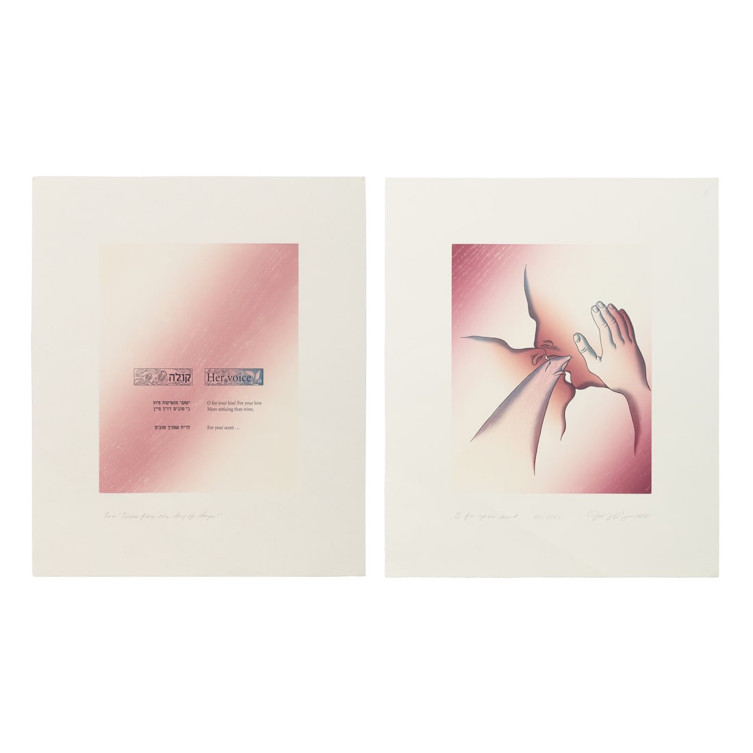 Judy Chicago (American, b. 1939) O for Your Scent (diptych) (from Voices from the Song of Songs),: Judy Chicago (American, b. 1939) O for Your Scent (diptych) (from Voices from the Song of Songs), 1998 lithograph, woodcut, heliorelief woodcut with hand-coloring on two sheets signed, titled, dated, 