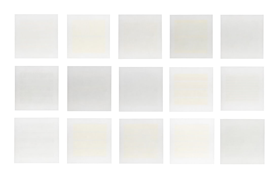 Agnes Martin (American/Canadian, 1912–2004) Recent Paintings (set of 15), 2000: Agnes Martin (American/Canadian, 1912–2004) Recent Paintings (set of 15), 2000 offset lithographs in colors on vellum, with vellum folio each: 8 3/8 x 8 3/8 in. This lot is located in Chicago.