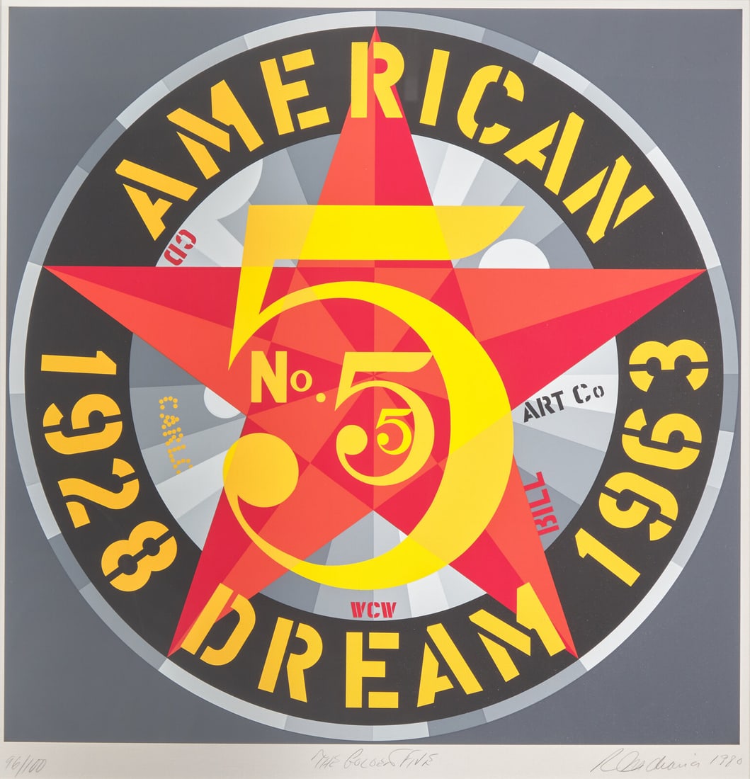 Robert Indiana (American, 1928-2018) The Golden Five (from American Dream No. 5), 1980: Robert Indiana (American, 1928-2018) The Golden Five (from American Dream No. 5), 1980 color screenprint on Fabriano paper signed, titled, dated, and numbered 96/100 in pencil 24 x 24 in. This lot is 