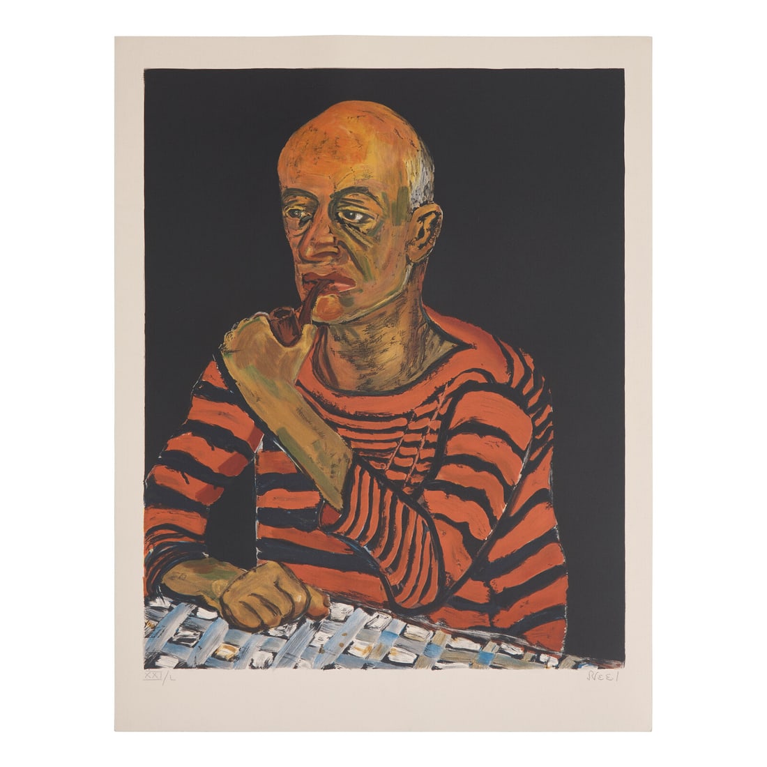 Alice Neel (American, 1900-1984) Man with Pipe (John Rothschild) (from the American Portfolio) 1979: Alice Neel (American, 1900-1984) Man with Pipe (John Rothschild) (from the American Portfolio) 1979 lithograph in colors on Arches signed and numbered XXI/L in pencil 23 1/4 x 19 in. This lot is locat