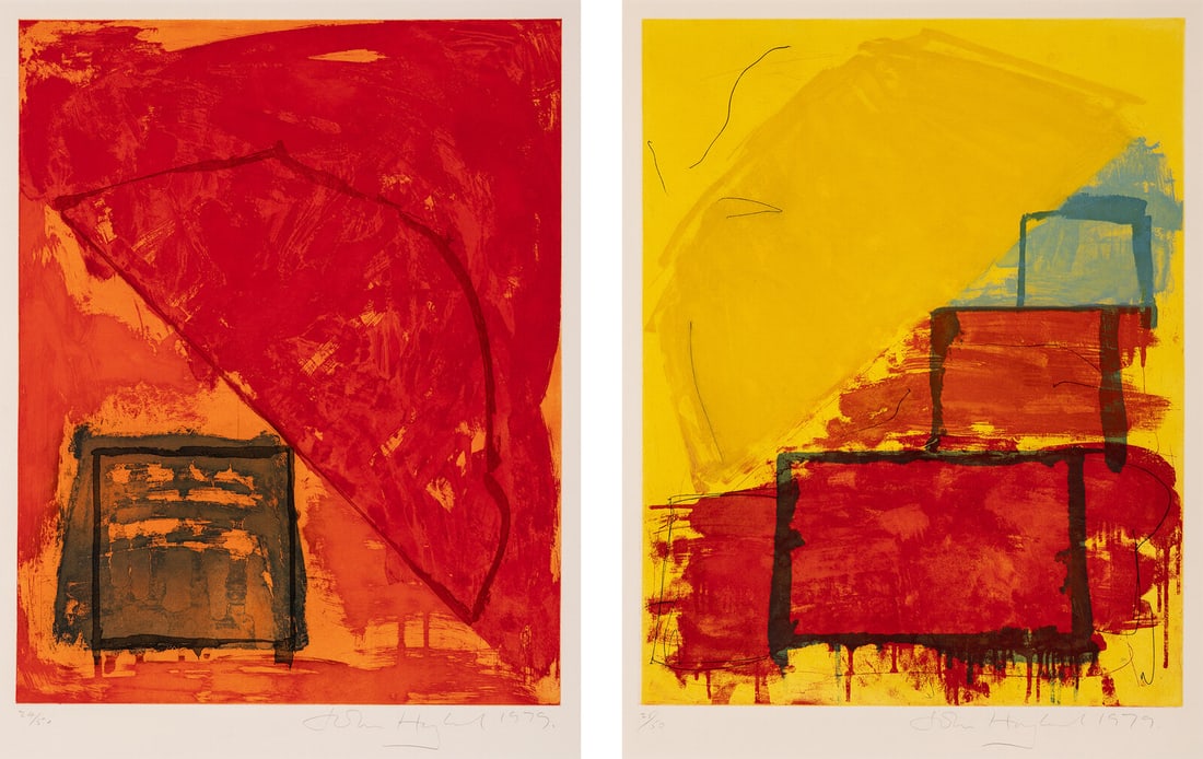 John Hoyland (British, 1934-2011) Trace and Trickster, 1979 (two works): John Hoyland (British, 1934-2011) Trace and Trickster, 1979 (two works) etchings with aquatint each signed, dated, and numbered out of 50 in pencil each: 27 x 21 3/8 in. This lot is located in Chicago