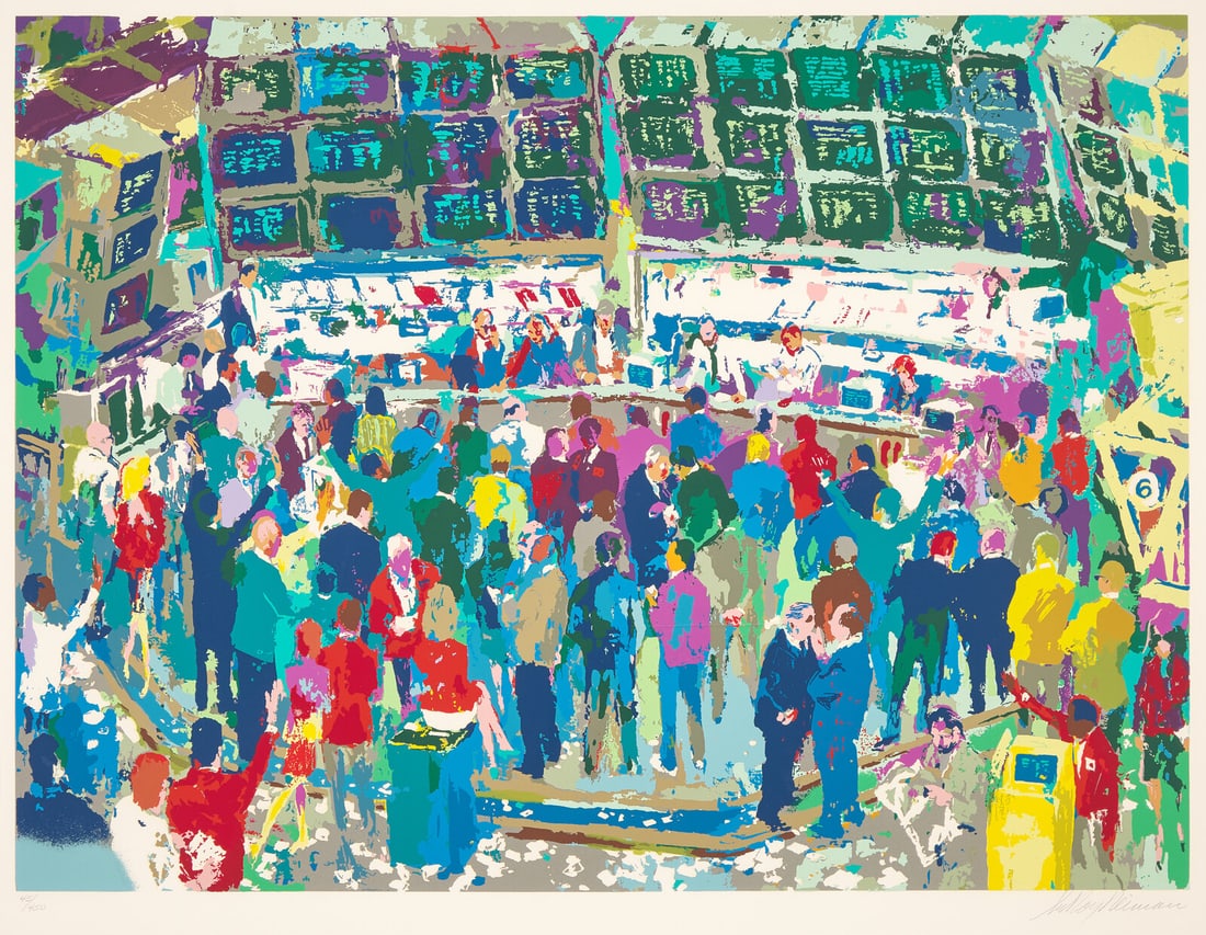 LeRoy Neiman (American, 1921-2012) Chicago Options Exchange, 1990: LeRoy Neiman (American, 1921-2012) Chicago Options Exchange, 1990 screenprint in colors signed and numbered 45/450 in pencil 28 3/4 x 38 3/4 in. This lot is located in Philadelphia.