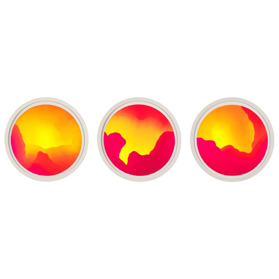 Sam Friedman (American, b. 1984) Three Caves (triptych), 2020: Sam Friedman (American, b. 1984) Three Caves (triptych), 2020 screenprint in colors signed on one sheet and each numbered 46/50 in pencil each diameter: 17 7/8 in. This lot is located in Philadelphia.