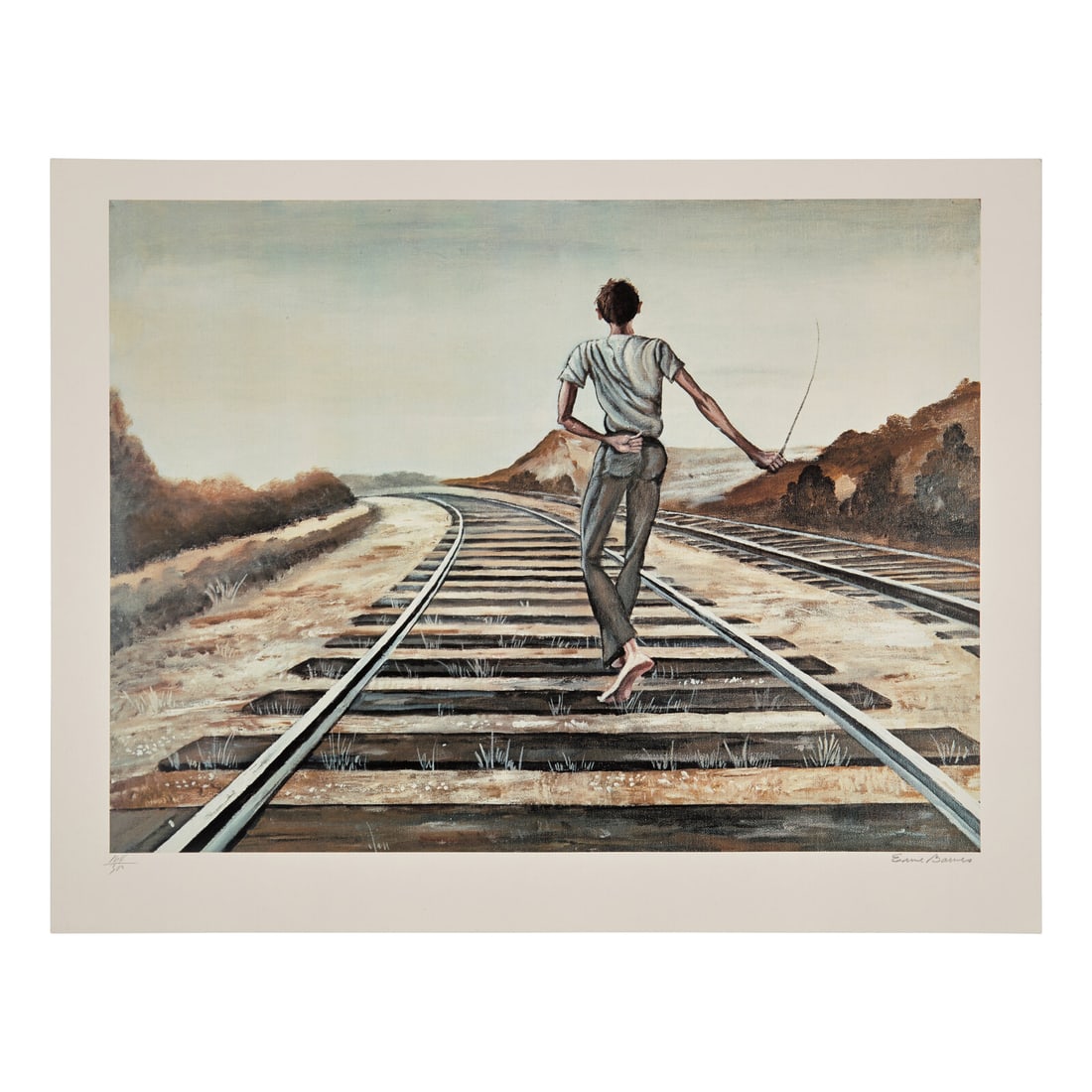 Ernie Barnes (American, 1938-2009) Destination Unknown, 1979: Ernie Barnes (American, 1938-2009) Destination Unknown, 1979 offset lithograph in colors signed and numbered 164/300 in pencil 16 1/2 x 22 in. This lot is located in Philadelphia. Published by London 