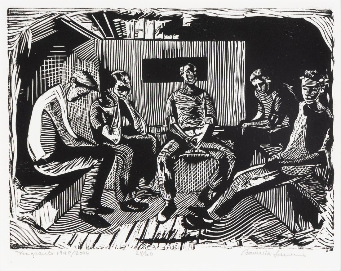 Samella Sanders Lewis (American, 1923–2022) Migrants, 1949/2006: Samella Sanders Lewis (American, 1923–2022) Migrants, 1949/2006 linocut signed, titled, dated, and numbered 24/60 in pencil 9 x 12 in. Property from the Collection of Audrey Camille Talley This 