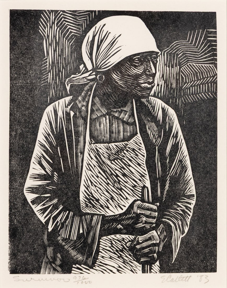 Elizabeth Catlett (American, 1915-2012) Survivor, 1983: Elizabeth Catlett (American, 1915-2012) Survivor, 1983 linocut on wove paper signed, titled, dated, and numbered 976/1000 in pencil 9 3/8 x 7 9/16 in. Property from the Collection of Audrey Camille Ta
