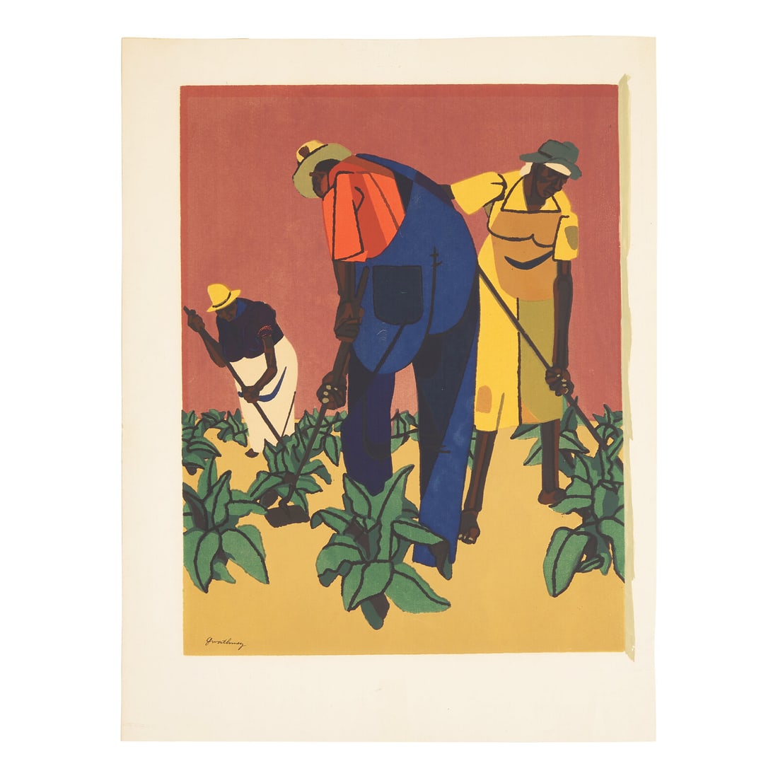 Robert Gwathmey (American, 1903-1988) Tobacco Farmers, 1947: Robert Gwathmey (American, 1903-1988) Tobacco Farmers, 1947 screenprint in colors signed in ink; edition of 300 13 1/2 x 10 1/2 in. This lot is located in Philadelphia. Published by the National Serig