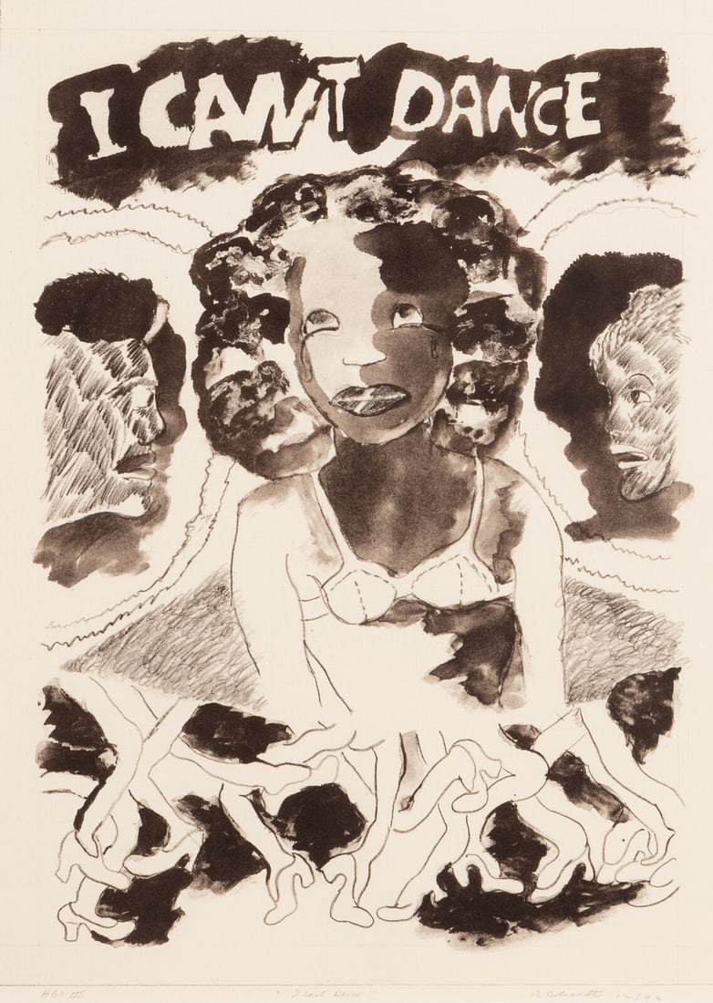 Robert Colescott (American, 1925-2009) I Can't Dance (from The Resounding Heart Portfolio), 1996: Robert Colescott (American, 1925-2009) I Can't Dance (from The Resounding Heart Portfolio), 1996 lithograph signed, titled, dated, and inscribed 'HGI III' in pencil 24 3 7/8 x 18 1/4 in. Property from