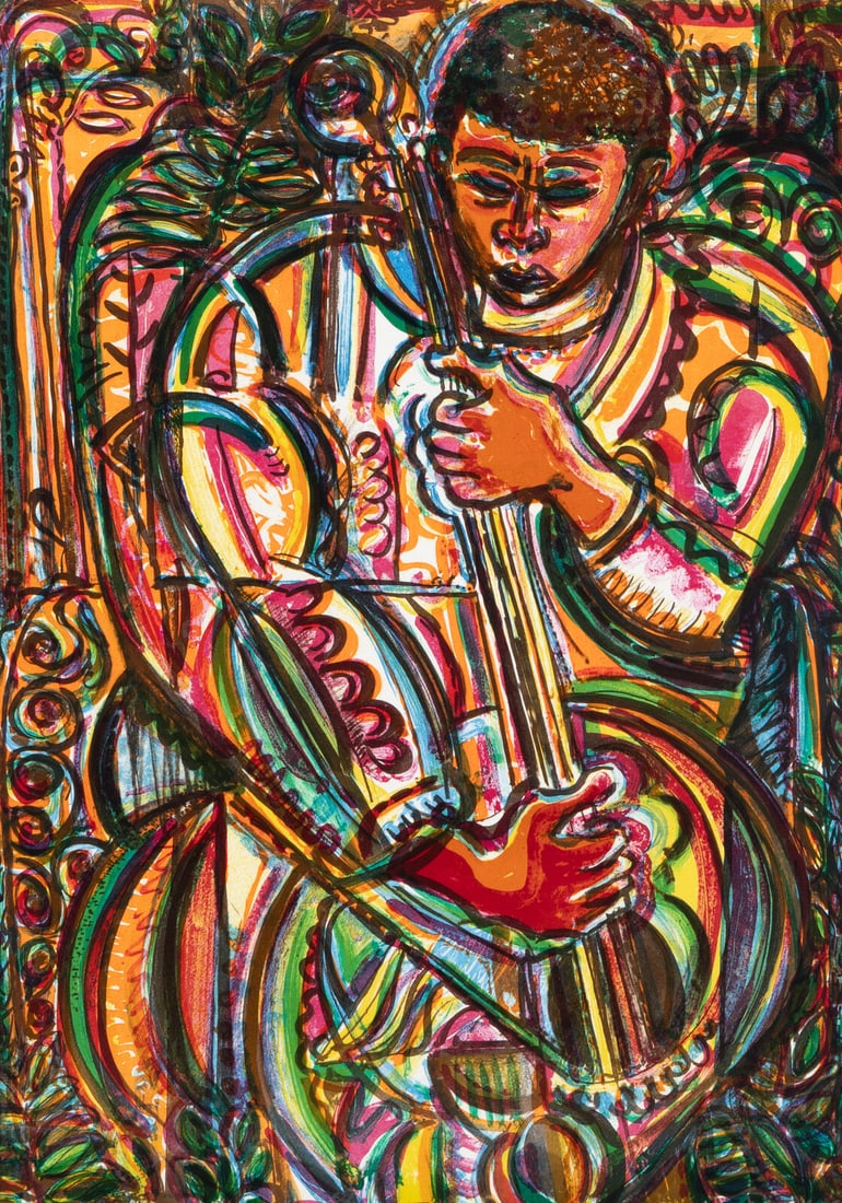David Driskell (American, 1931-2020) The Bassist, 2006: David Driskell (American, 1931-2020) The Bassist, 2006 lithograph in colors signed, titled, dated, and numbered 62/80 in ink 29 3/4 x 21 1/4 in. Property from the Collection of Audrey Camille Talley T