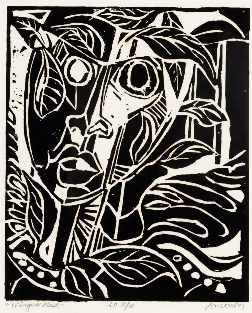 David Driskell (American, 1931-2020) Winged Mask, 1999: David Driskell (American, 1931-2020) Winged Mask, 1999 woodcut signed, titled, dated, and numbered AP 8/10 in pencil 11 1/4 x 9 1/4 in. Property from the Collection of Audrey Camille Talley This lot i