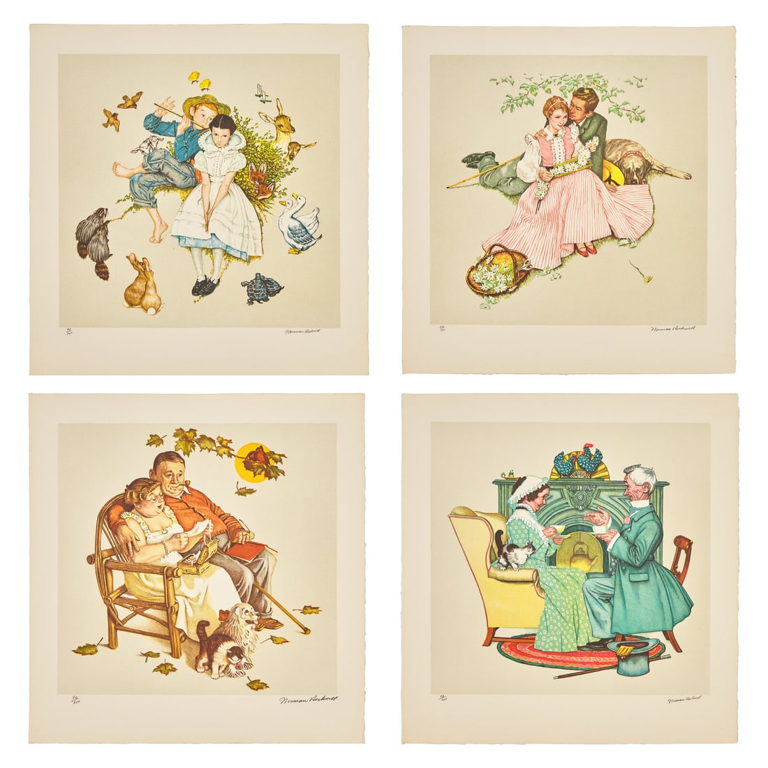 Norman Rockwell (American, 1894-1978) Four Ages of Love, (complete portfolio of four lithographs,: Norman Rockwell (American, 1894-1978) Four Ages of Love, (complete portfolio of four lithographs, with text and portfolio case), 1977 lithographs in colors on Arches signed and numbered 92/200 in penc