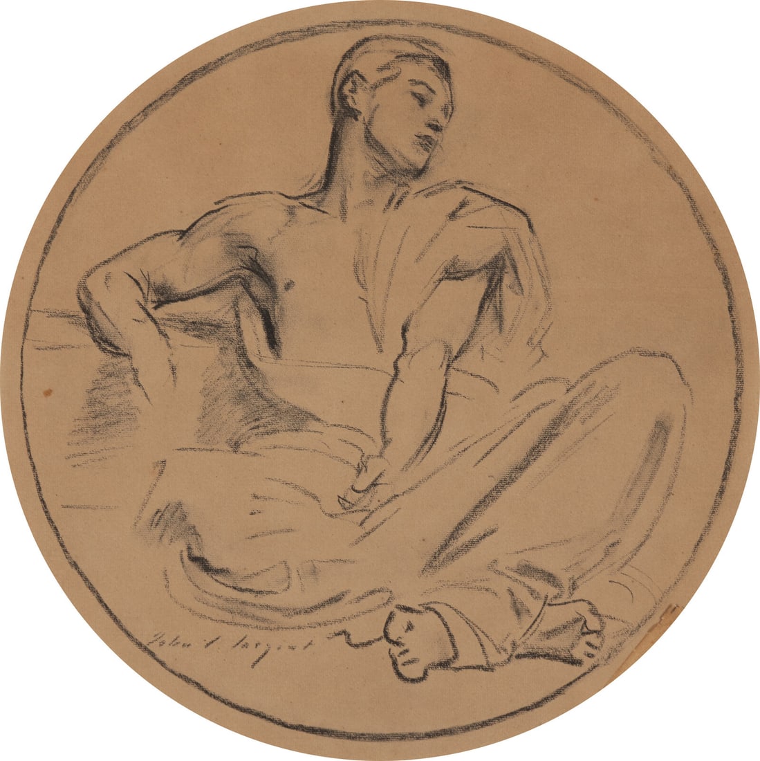 After John Singer Sargent (American, 1856-1925) Study of a Seated Male in a Roundel for the Rotunda: After John Singer Sargent (American, 1856-1925) Study of a Seated Male in a Roundel for the Rotunda of the Museum of Fine Arts, Boston, 1921 collotype unsigned as issued 17 1/2 x 17 in. Property of a 