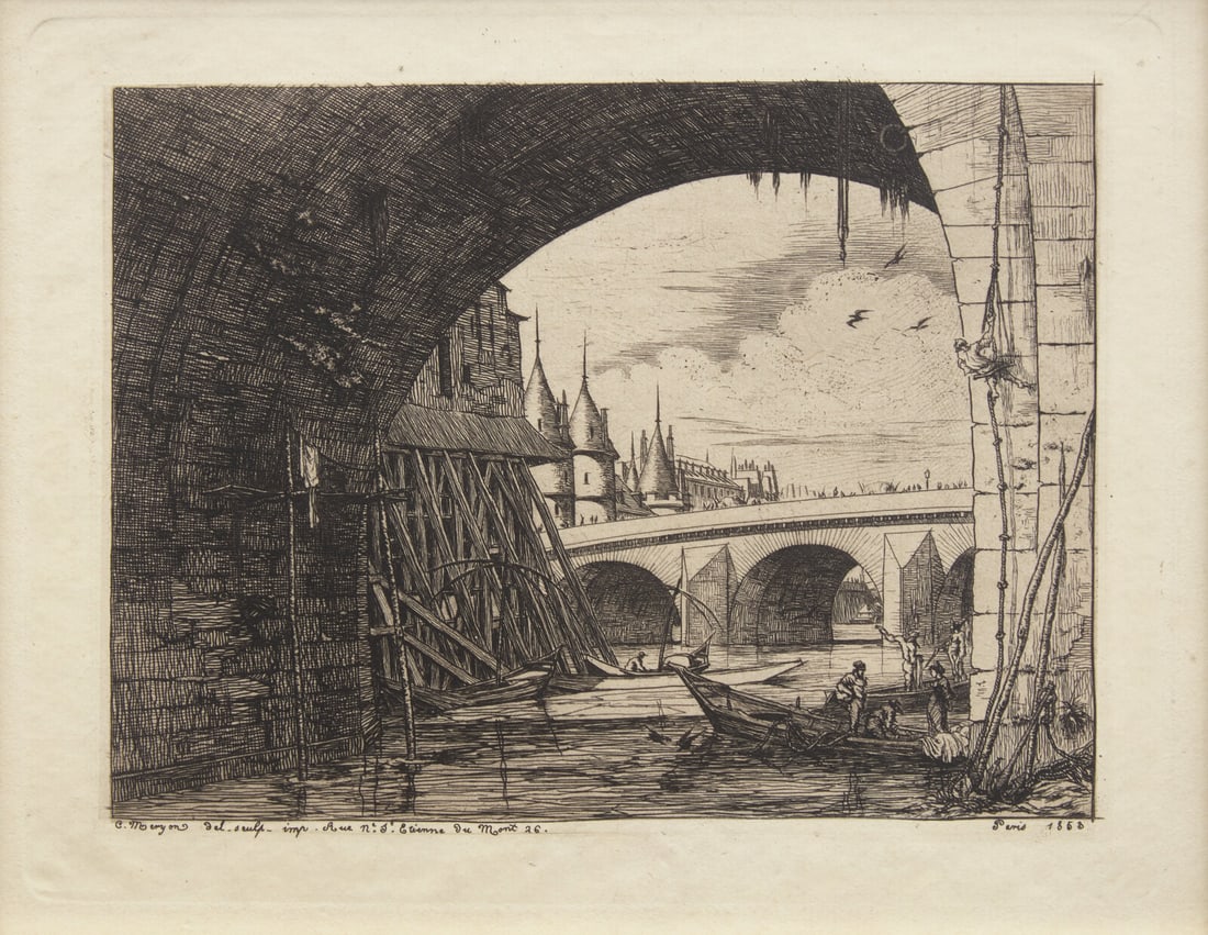 Charles Meryon (French, 1821-1868) L'Arche du Pont Notre-Dame, 1853: Charles Meryon (French, 1821-1868) L'Arche du Pont Notre-Dame, 1853 etching on cream laid paper with the Hudelist watermark 6 x 7 3/4 in. This lot is located in Philadelphia.