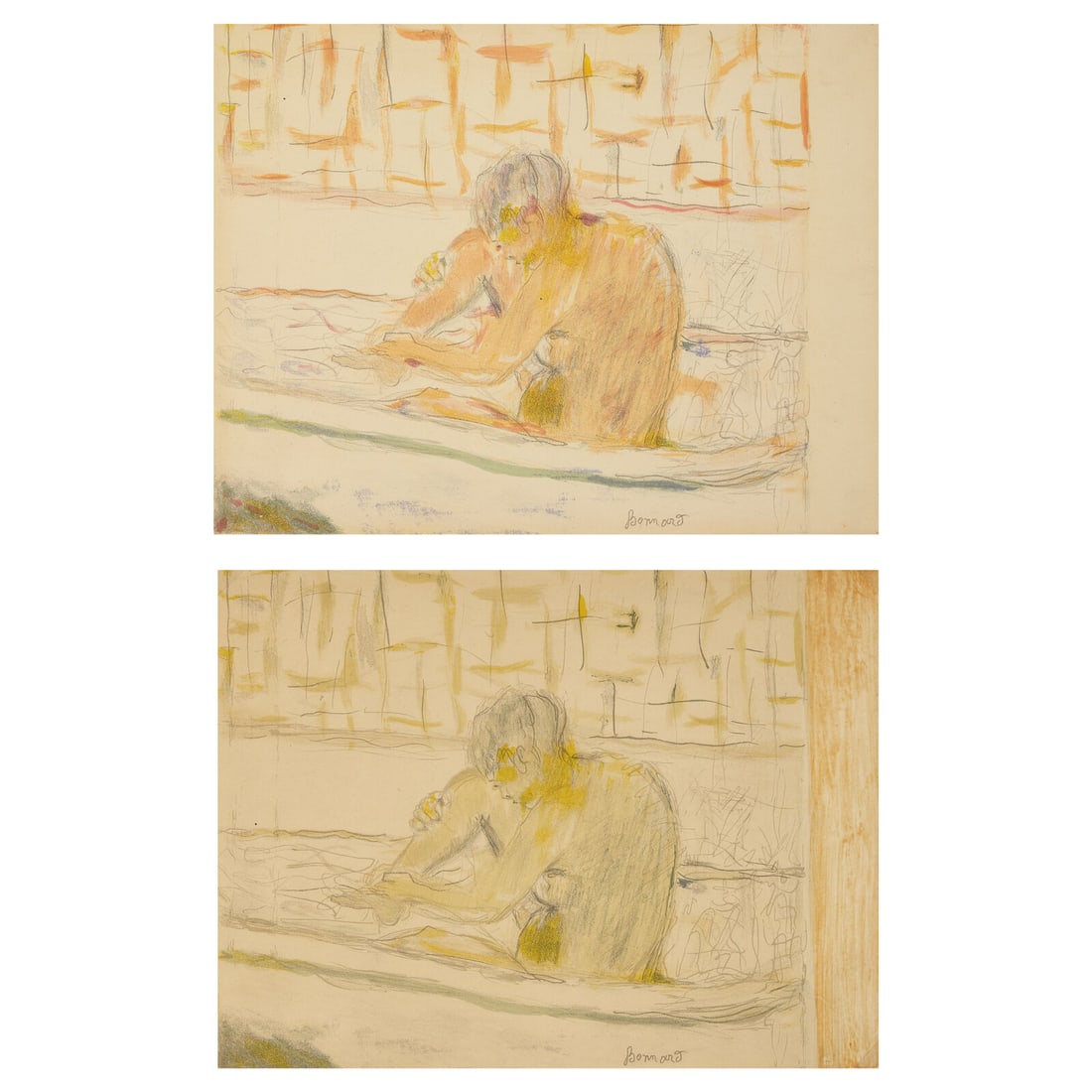 Pierre Bonnard (French, 1867-1947) Two impressions of Femme Assise dans sa Baignoire, 1942: Pierre Bonnard (French, 1867-1947) Two impressions of Femme Assise dans sa Baignoire, 1942 lithographs in colors each: 9 3/4 x 12 3/4 in. This lot is located in Philadelphia. Printed by Arte Literatur