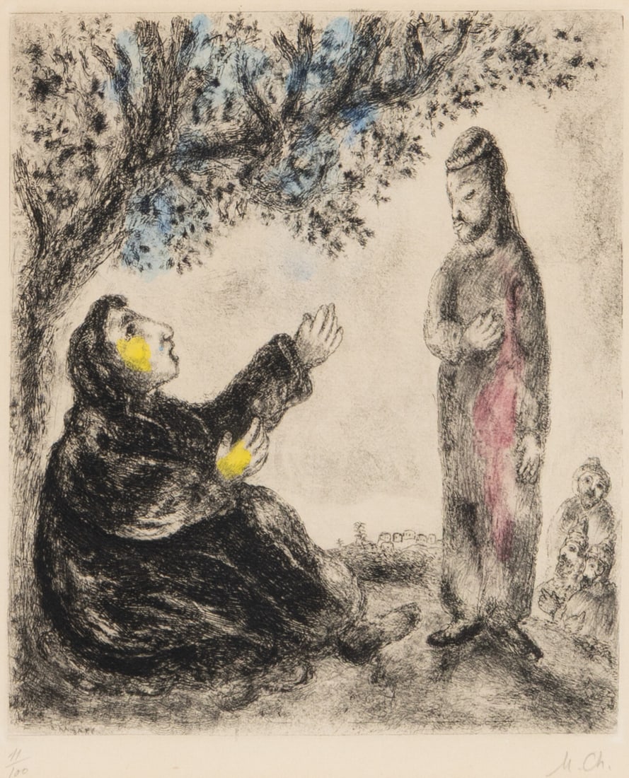 Marc Chagall (Belarusian/French, 1887-1985) Débora la prophétesse (from La Bible),: Marc Chagall (Belarusian/French, 1887-1985) Débora la prophétesse (from La Bible), 1931-1939 etching with hand-coloring signed and numbered 11/100 in pencil 11 3/4 x 10 in. Private Collectio