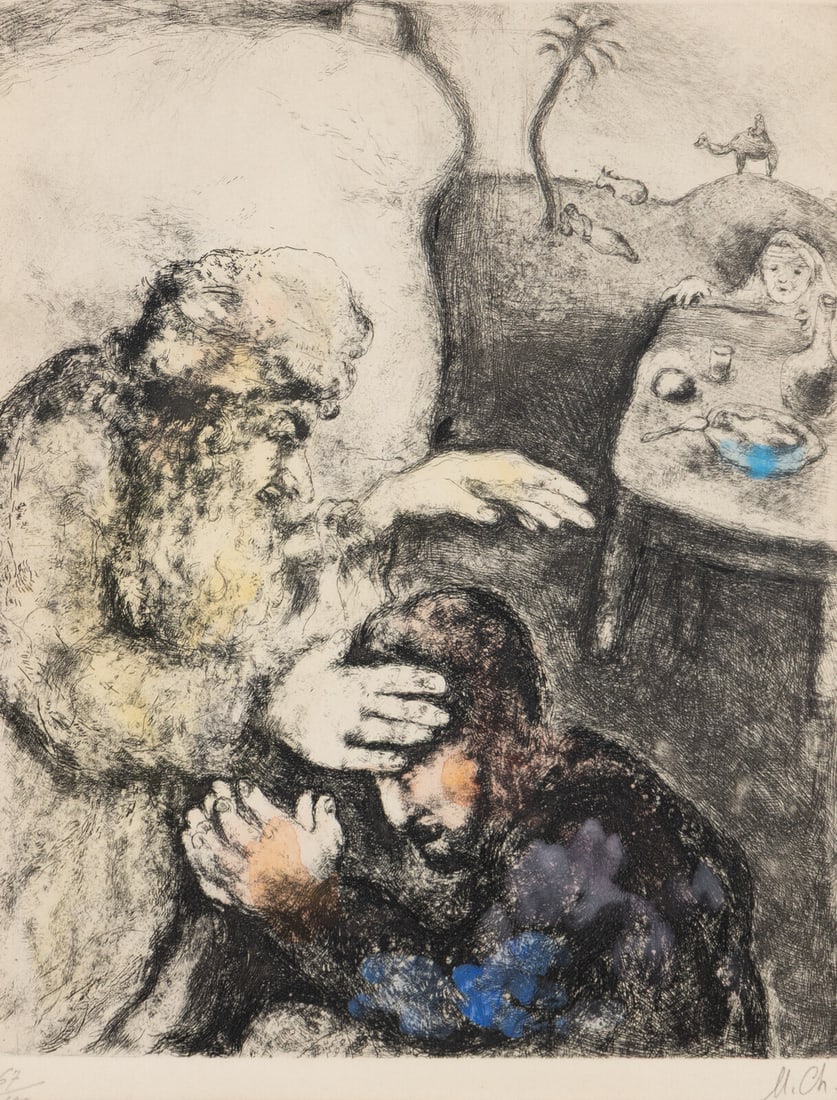 Marc Chagall (Belarusian/French, 1887-1985) Jacob béni par Isaac (from La Bible),1931-1939: Marc Chagall (Belarusian/French, 1887-1985) Jacob béni par Isaac (from La Bible),1931-1939 etching with hand-coloring initialed and numbered 67/100 in pencil 11 1/2 x 9 1/4 in. This lot is locate
