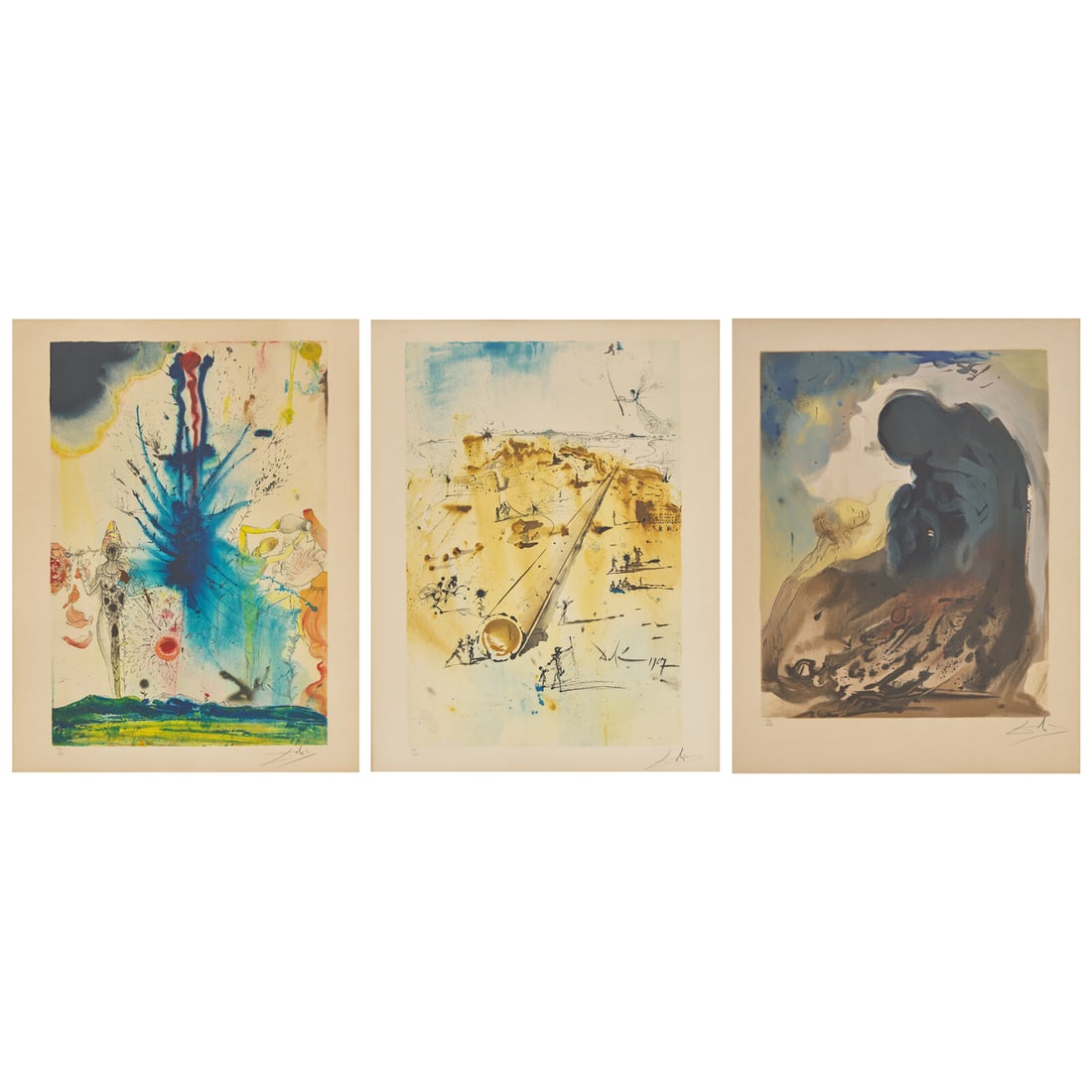 Salvador Dalí (Spanish, 1904-1989) Three plates from Aliyah, 1968: Salvador Dalí (Spanish, 1904-1989) Three plates from Aliyah, 1968 lithographs in colors each signed and numbered 132/250 in pencil largest: 22 x 15 in. This lot is located in Philadelphia. Bruce 