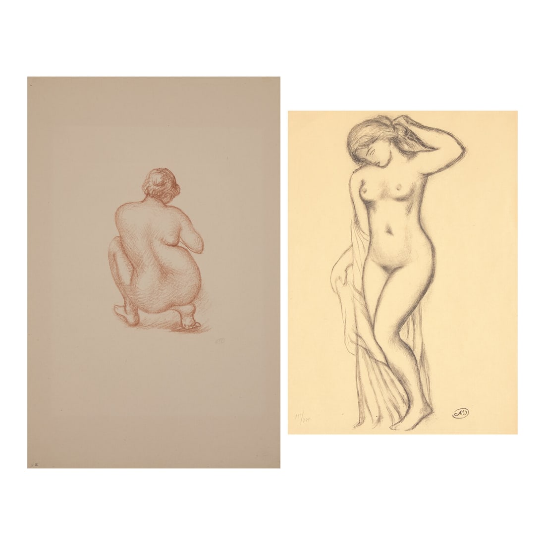 Aristide Maillol (French, 1861-1944) Untitled (from Dialogues des Courtisanes); Femme Accroupie de: Aristide Maillol (French, 1861-1944) Untitled (from Dialogues des Courtisanes); Femme Accroupie de dos (two works) lithographs untitled work bearing numbering from a later hand largest: 14 1/4 x 10 1/