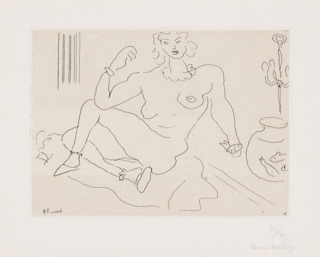 Henri Matisse (French, 1869–1954) Nu assis sur le sol, un coude posé sur la jambe, 1929: Henri Matisse (French, 1869–1954) Nu assis sur le sol, un coude posé sur la jambe, 1929 etching on chine collé signed and numbered 24/25 in pencil 3 5/8 x 4 7/8 inches. This lot is loc