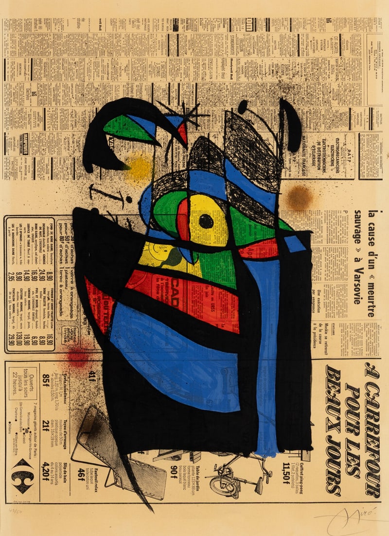 Joan Miró (Spanish, 1893–1983) Le journal, 1972: Joan Miró (Spanish, 1893–1983) Le journal, 1972 lithograph in colors on Arches paper signed and numbered 42/50 in pencil sight: 28 x 20 1/4 in. Property of a Private Collector, sold to Bene